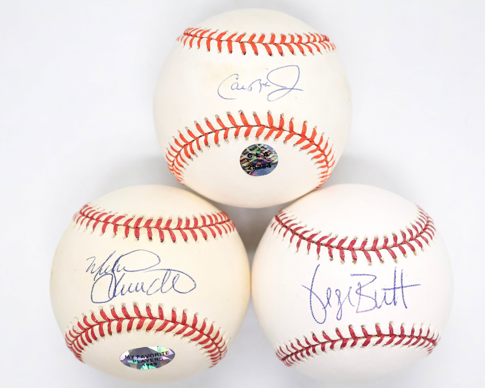 Hall of Fame Infield Legends Signed Baseball Lot – Mike Schmidt, George Brett & Cal Ripken Jr. (1 of 3)