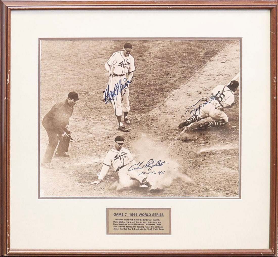 Enos Slaughter, Marty Marion & Roy Partee Signed 'Mad Dash' 1946 World Series Framed Photograph (1 of 5)