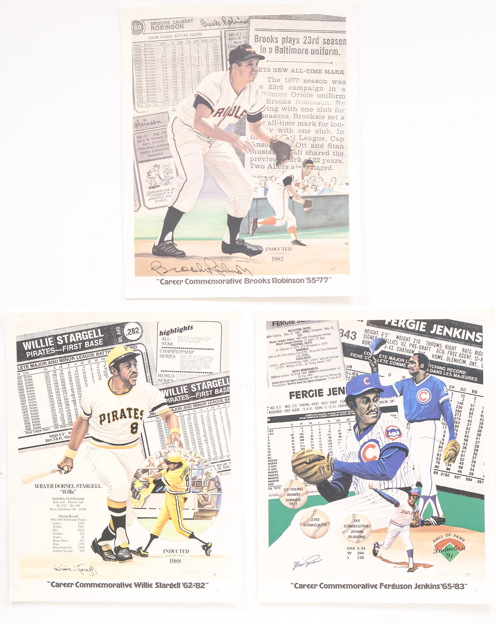Brooks Robinson, Willie Stargell, Fergie Jenkins Signed Limited Edition Commemorative Lithographs: Brooks Robinson, Willie Stargell, Fergie Jenkins Signed Limited Edition Commemorative Lithographs (Greenshields Collection) Collection of three signed limited-edition commemorative baseball lithograph