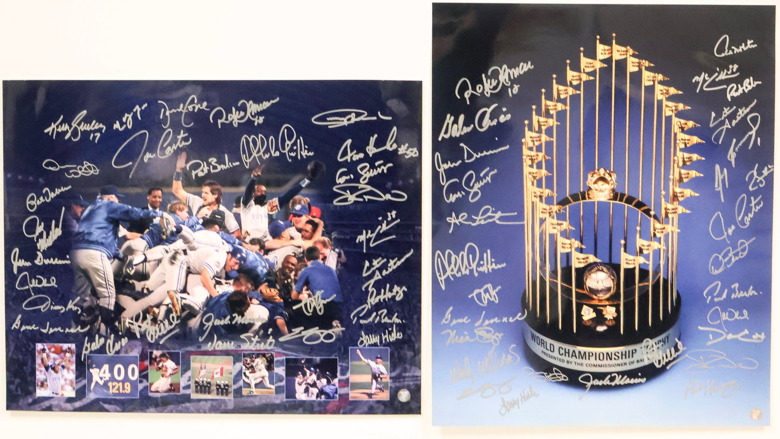 1992 & 1993 Toronto Blue Jays World Series Champions Multi-Signed Photo Pair: 1992 & 1993 Toronto Blue Jays World Series Champions Multi Signed Photo Pair - Frozen Pond COAs (Greenshields Collection) Pair of commemorative Toronto Blue Jays World Series Champions multi signed di