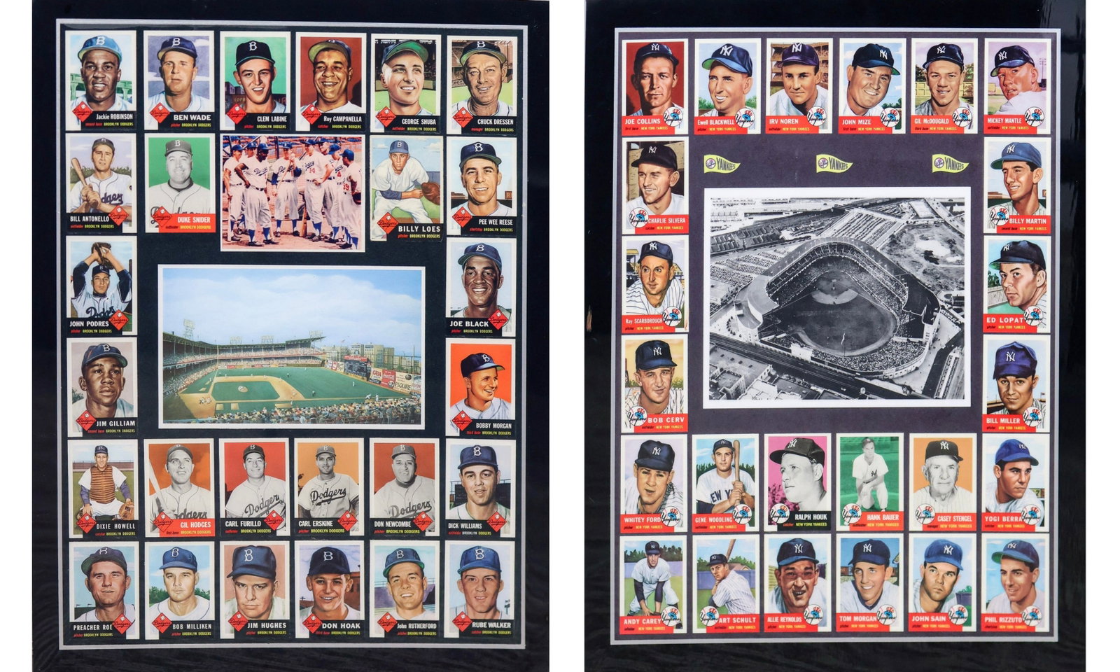 1953 Topps Baseball Card Commemorative Display Plaques - New York Yankees & Brooklyn Dodgers Pair: 1953 Topps Baseball Card Commemorative Display Plaques - New York Yankees & Brooklyn Dodgers Pair (Greenshields Collection) Pair of large framed commemorative display plaques featuring reproduction 19