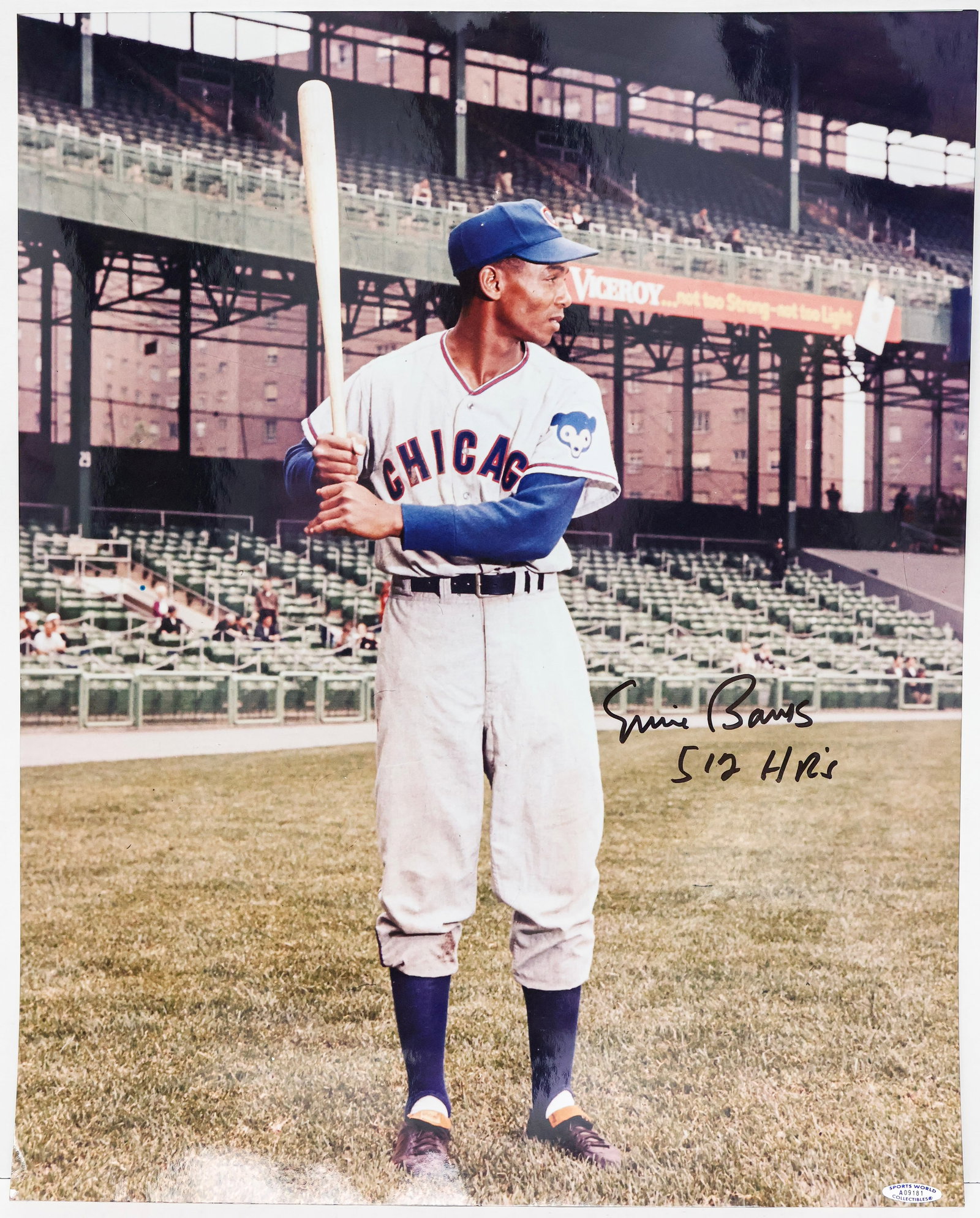 Ernie Banks Signed Chicago Cubs Photograph Inscribed '512 HR’s': Ernie Banks Signed Chicago Cubs Photograph Inscribed '512 HR's' - Sports World Collectibles COA (Greenshields Collection) Large-format signed color photograph featuring Hall of Fame shortstop & first 