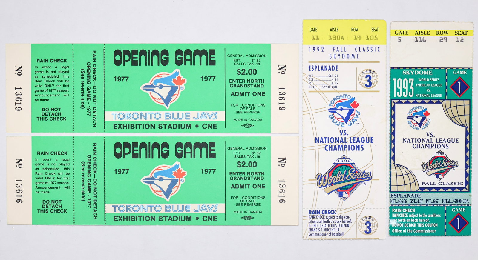 Toronto Blue Jays Historic Ticket Collection Featuring 1977 Opening Day (2) & World Series Tickets (: Toronto Blue Jays Historic Ticket Collection Featuring 1977 Opening Day (2) & World Series Tickets (2) (Greenshields Collection) Collection of historic Toronto Blue Jays tickets & ticket stubs spannin