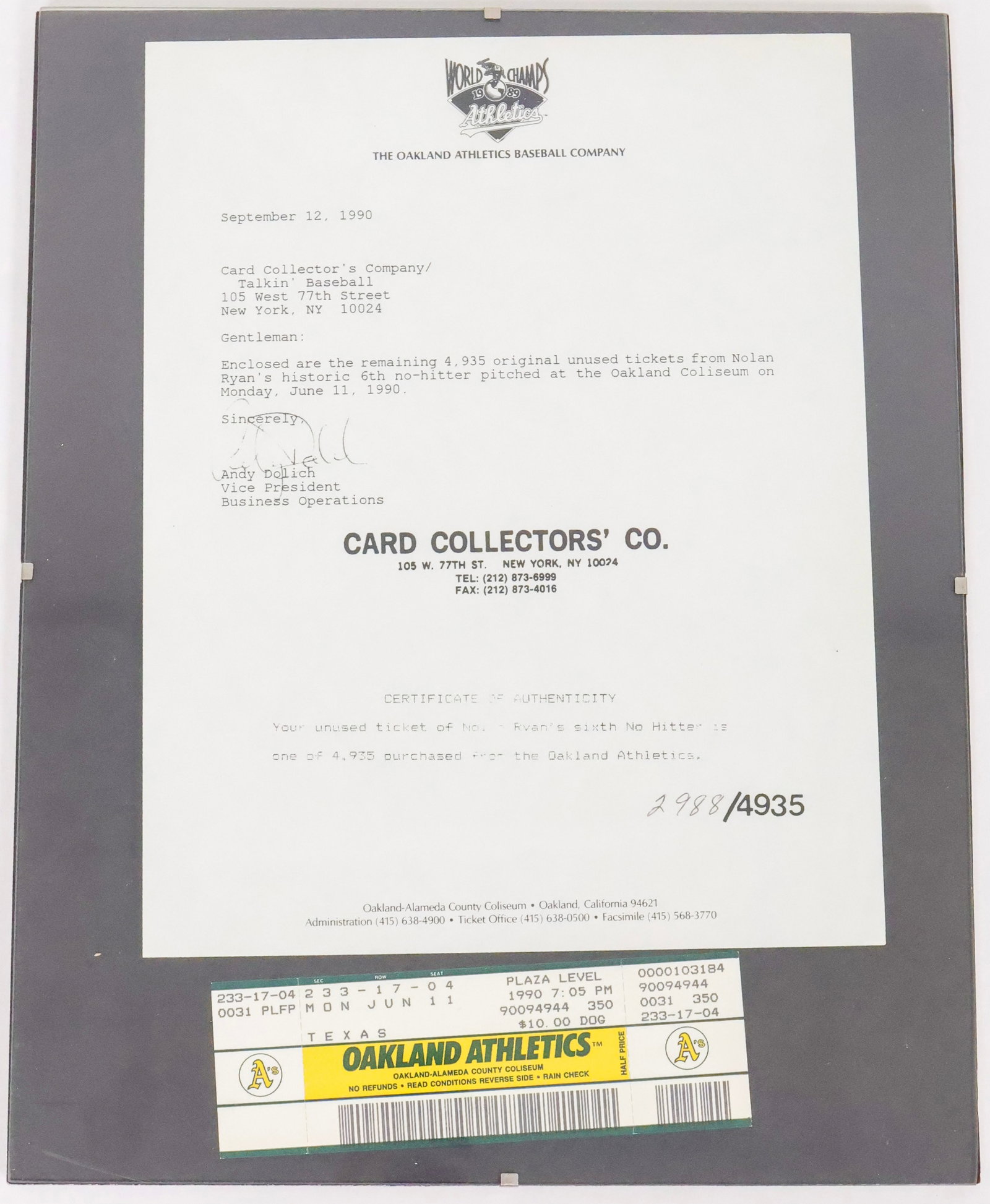 Nolan Ryan 6th No-Hitter Unused Full Ticket Display - June 11, 1990 – Limited Edition /4935 (1 of 4)