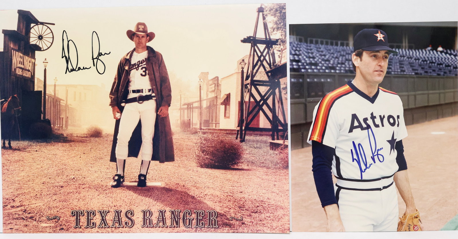Pair of Nolan Ryan Signed Photographs – 'Texas Ranger' & Houston Astros Photo: Pair of Nolan Ryan Signed Photographs - Texas Ranger & Houston Astros Photo (Greenshields Collection) Pair of signed photographs featuring Hall of Fame pitcher Nolan Ryan, including a Texas Rangers we