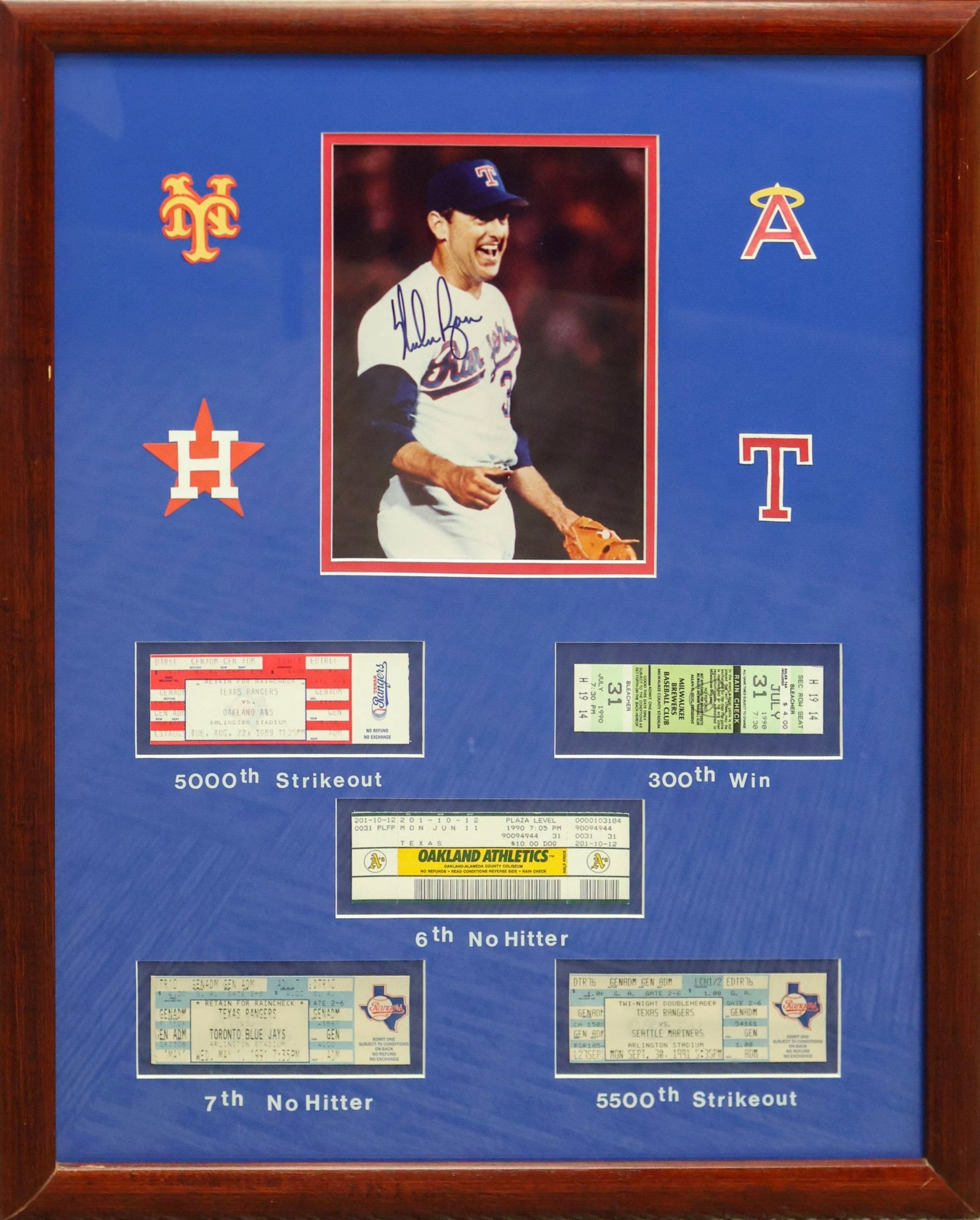 Nolan Ryan Signed Framed Photo Display with Career Milestone Ticket Stubs (1 of 5)
