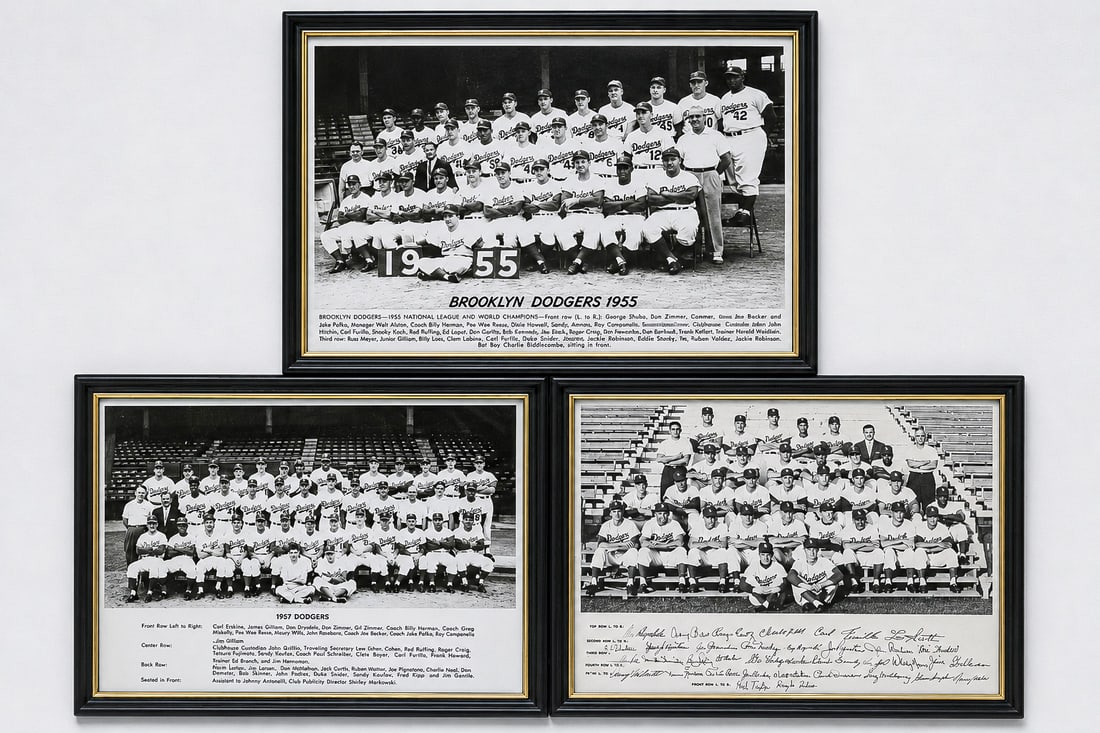 Dodgers Team Photo Collection (1955–1959) – Includes Jackie Robinson, Koufax, Snider & More: Dodgers Team Photo Collection (1955-1959) - Includes Jackie Robinson, Sandy Koufax, Duke Snider & More (Greenshields Collection) Collection of three framed Dodgers team photographs spanning one of the