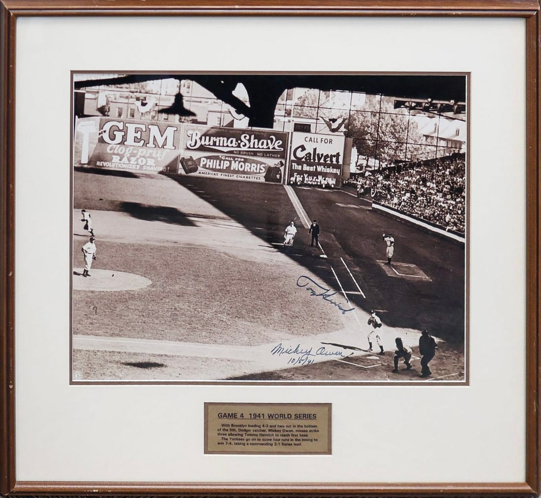 Mickey Owen & Tommy Henrich Dual-Signed 'Dropped Third Strike' 1941 World Series Framed Photograph (1 of 4)