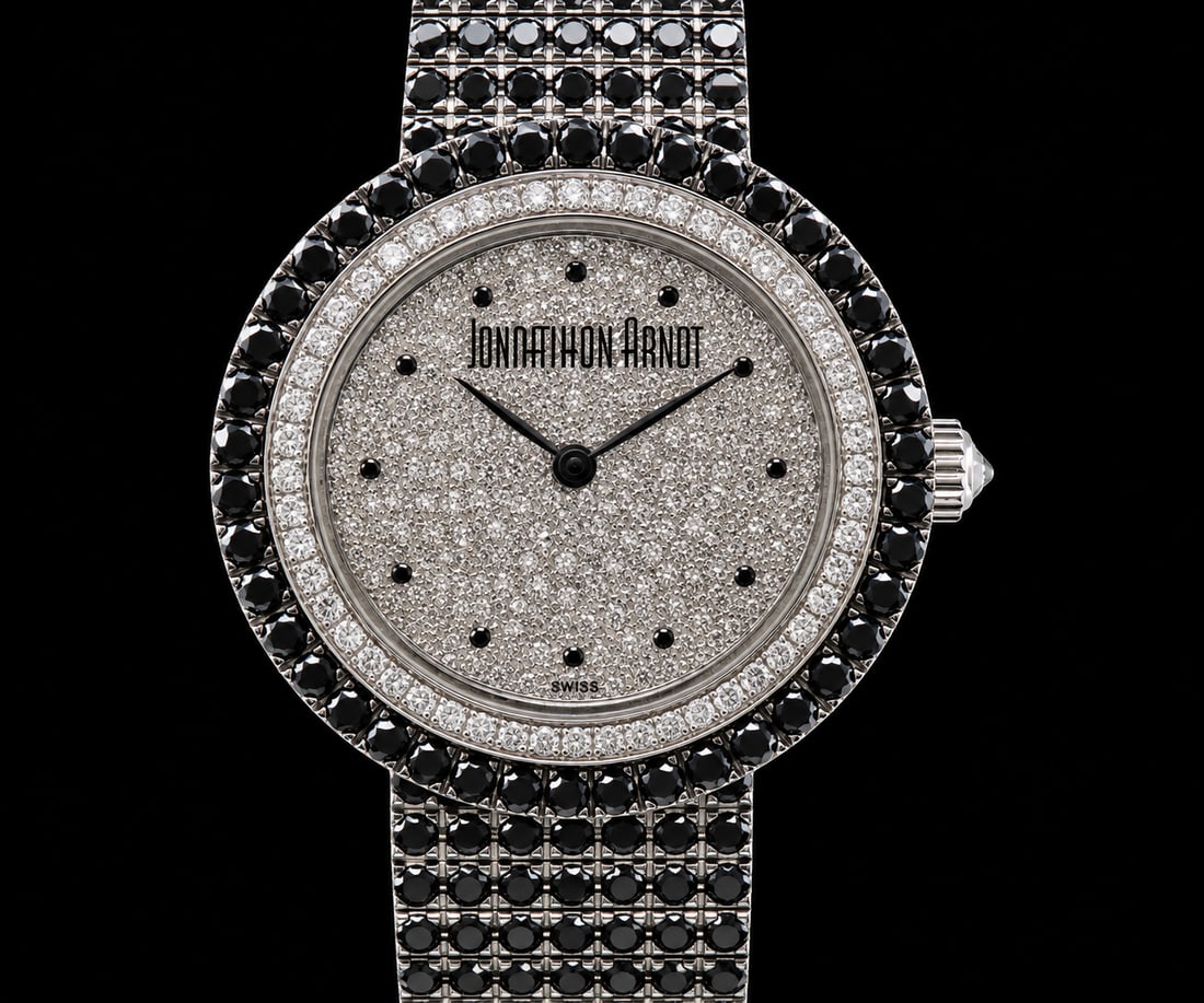 Johnathan Arnot 18k Black Diamonds Watch: Distinctive Jonathan Arnot timepiece crafted in 18K gold and accented with striking black diamonds. A bold luxury watch combining fine materials with sophisticated contemporary styling.
