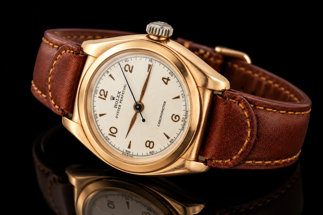 Rolex 18k bubble back Ref 3131: Vintage Rolex Bubble Back wristwatch crafted in 18K gold, featuring the iconic automatic movement and fitted with a leather strap. Reference 3131.