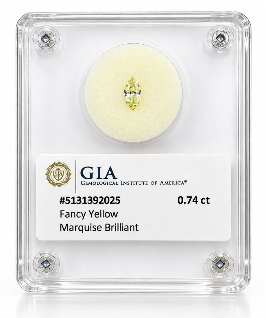 0.74 ct Fancy Yellow Marquise Brilliant GIA 5131392025: Striking loose 0.74 carat Fancy Yellow diamond featuring a marquise brilliant cut and SI2 clarity. Accompanied by GIA Report No. 5131392025.