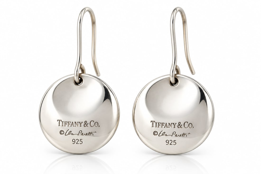 Tiffany & Co 925 Sterling Silver Round Disc Earrings: Tiffany & Co. earrings crafted in 925 sterling silver, featuring polished round disc designs. Total weight: 13.4 grams. Accompanied by a Tiffany & Co. pouch.