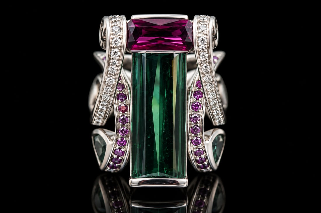 Custom Made Diamond, Rubelite & Tourmaline Ring: One-of-a-kind handmade 14K white gold designer ring featuring an impressive 8.98 ct natural blue-green tourmaline, 1.25 ct rubellite tourmaline, and 0.94 ct sea-foam tourmalines, accented by