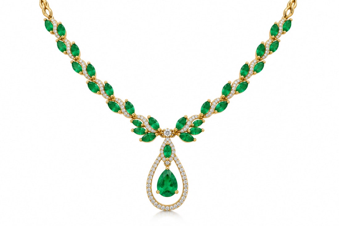 EFFY Brasillica 14K Gold, Diamond & Emerald Necklace: 14K Yellow Gold Emerald & Diamond Necklace – Elegant 41.5 cm EFFY necklace featuring marquise-cut and pear-shaped natural emeralds accented by approximately 0.80 ct of brilliant-cut diamonds. Total