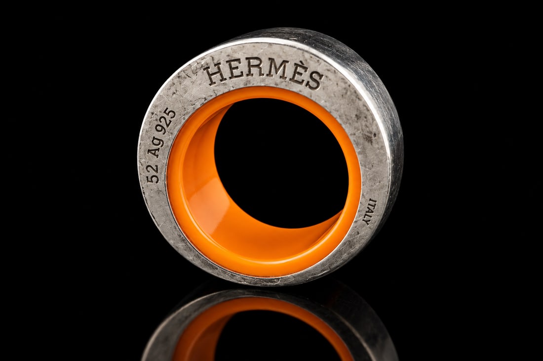 Hermes 925/Enamel Quark ring: Distinctive Hermès Quark ring crafted in sterling silver and accented with enamel. A sophisticated and collectible design showcasing the House’s signature contemporary French style. Comes with