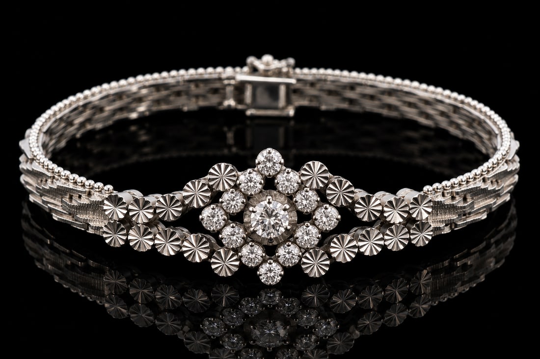 Vintage Art Deco 14K White Gold Bracelet With Diamonds: Elegant 14k white gold Art Deco bracelet set with sparkling diamonds, featuring the refined geometric styling characteristic of the period. A timeless and sophisticated example of classic Art Deco jew