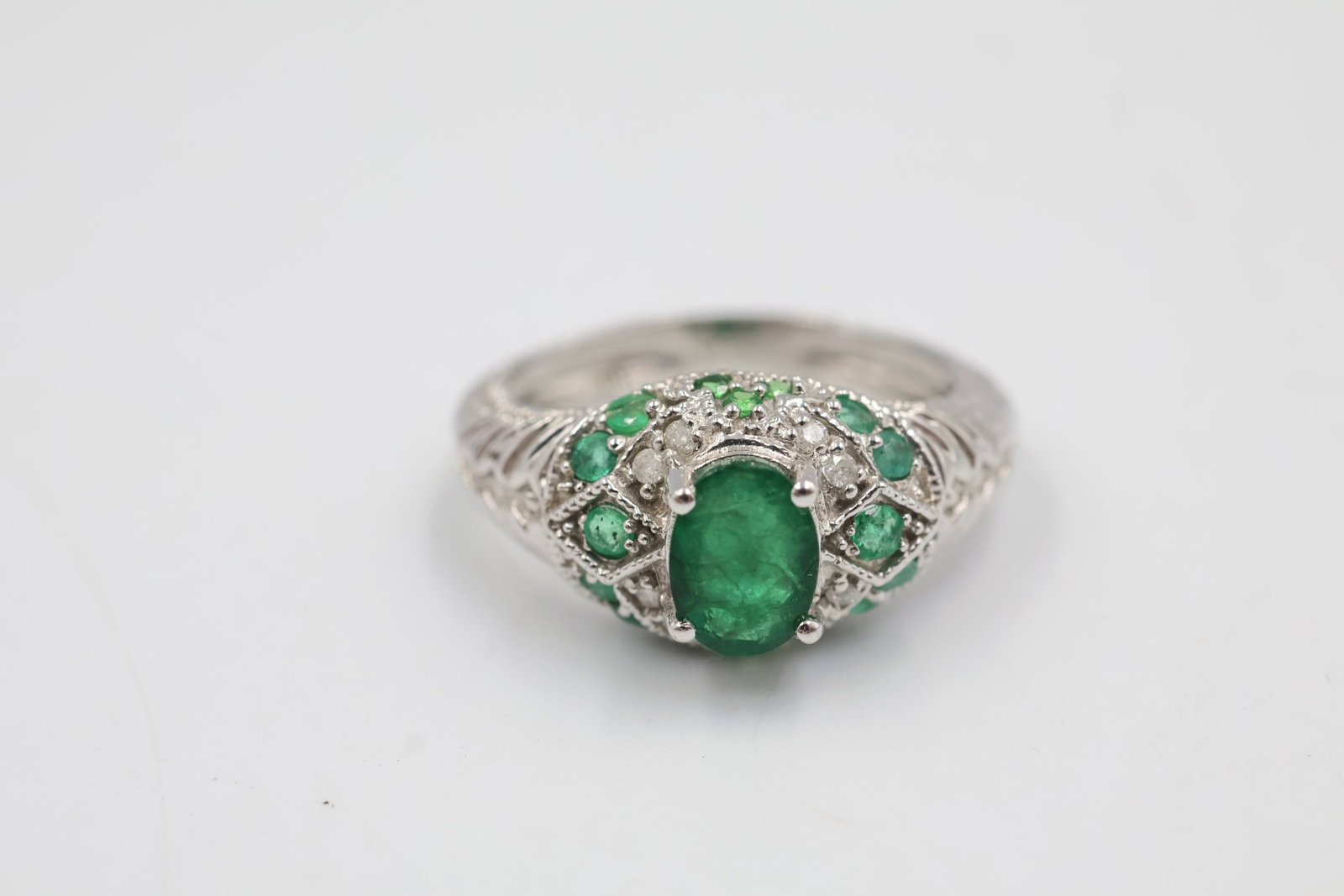 10K White Gold, Emerald & Diamond Ring (1 of 4)