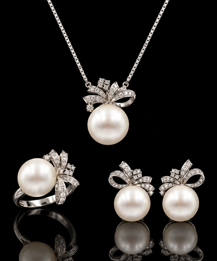 10K White Gold Pearl & Dimaond Earrings, Ring & Pendant: Three-piece jewellery set comprising of 10k white gold earrings, ring and pendant, featuring lustrous pearls accented with sparkling diamonds. A timeless ensemble combining classic beauty with refined