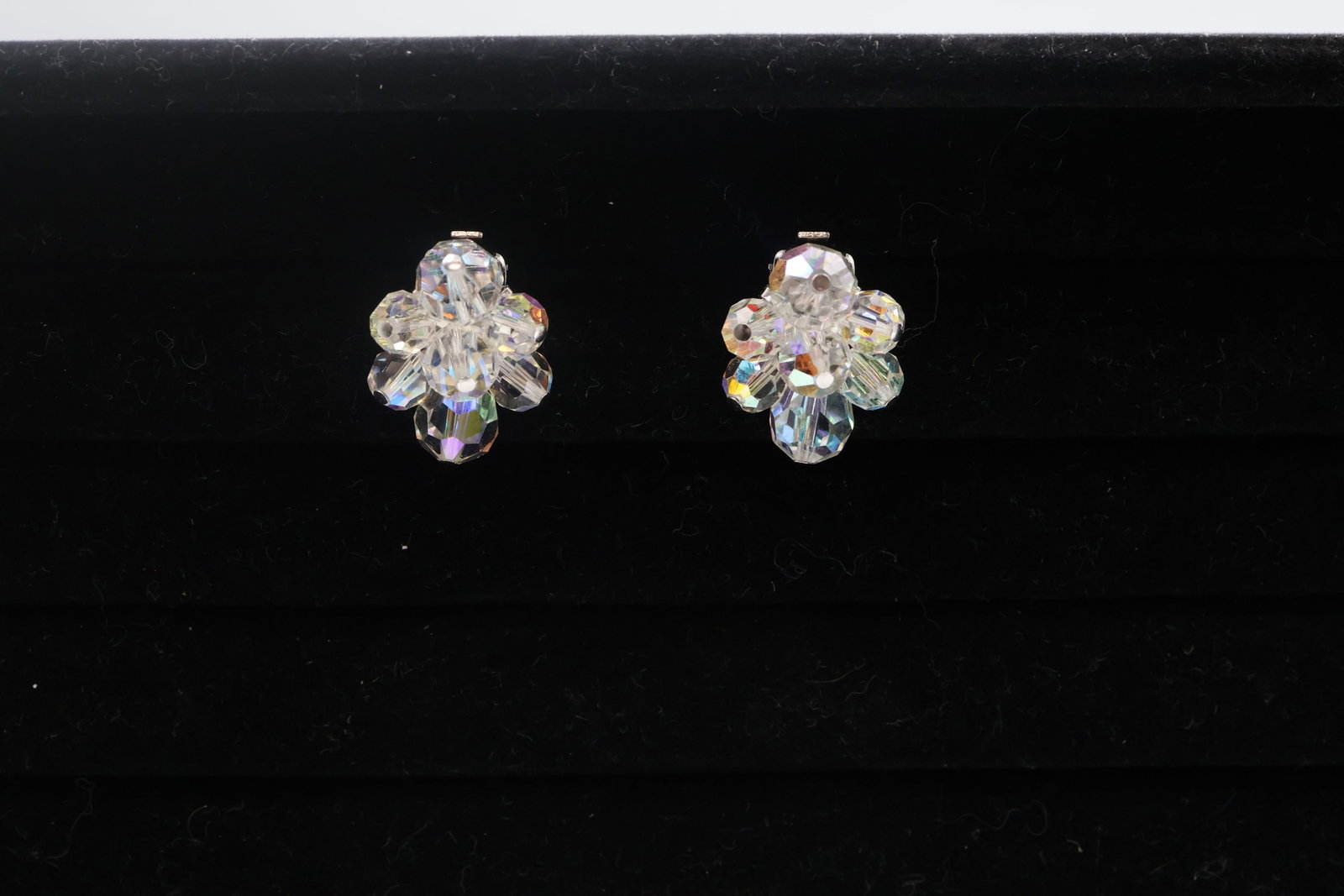 Sherman Crystal Clip On Earrings: Elegant vintage Sherman clip-on earrings featuring brilliant clear crystals in a classic sparkling design. A collectible example of Sherman’s renowned Canadian costume jewellery.