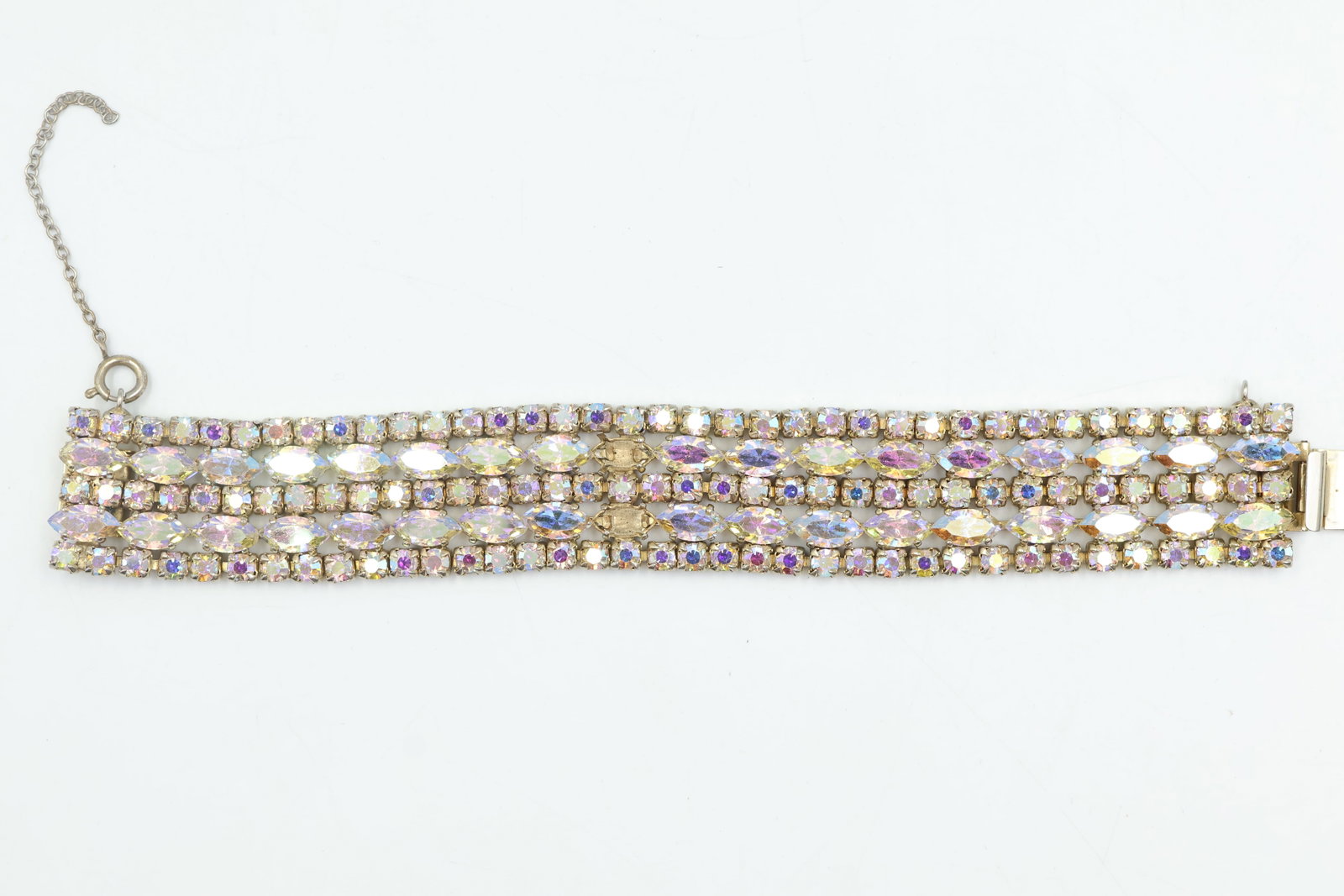 Sherman Aurora Borealis Crystal Bracelet: Elegant vintage Sherman bracelet featuring dazzling aurora borealis crystals with captivating iridescent brilliance. A glamorous and collectible example of Sherman’s renowned Canadian costume