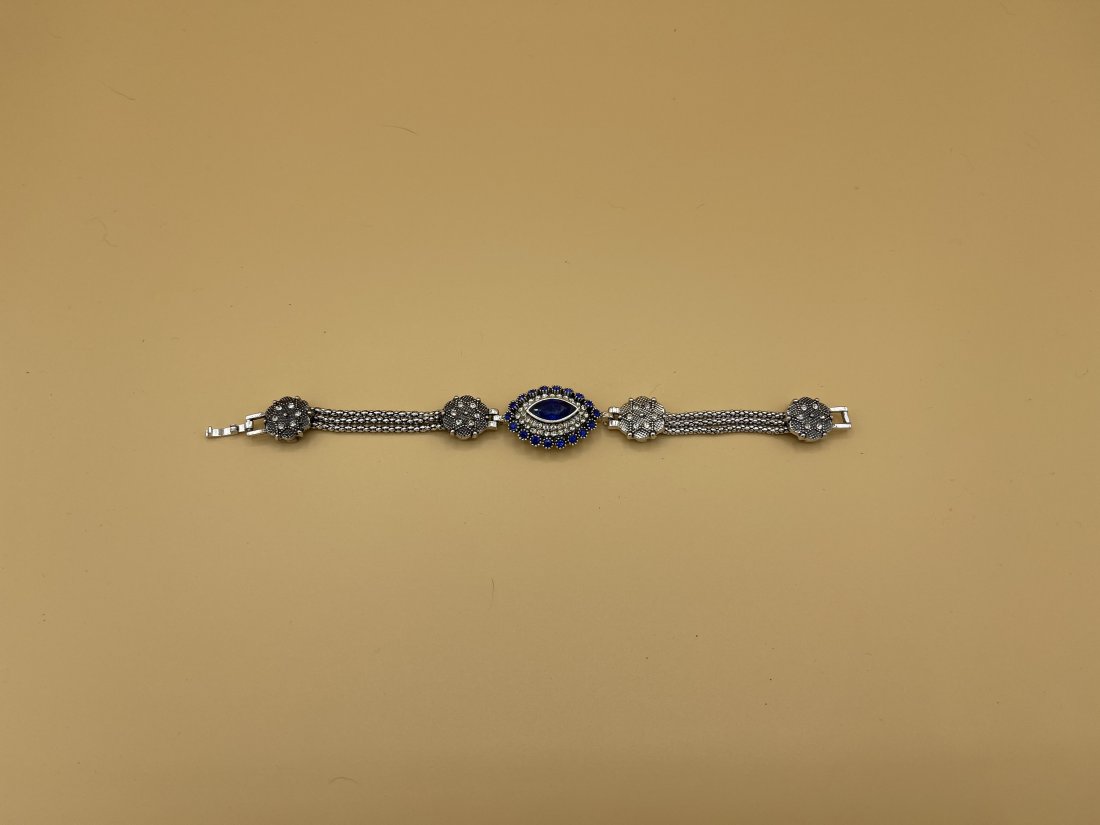 Art Deco 925 Silver White & Blue Sapphire Bracelet (1 of 5)