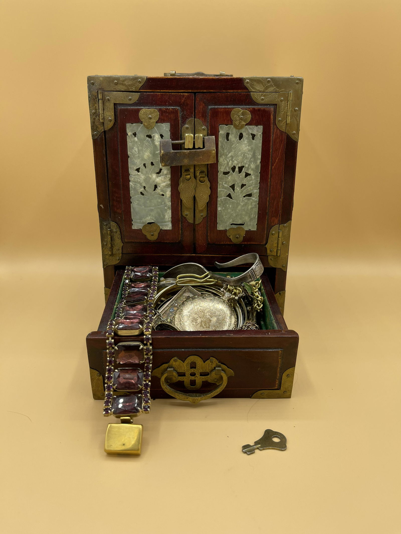 Antique Jade & Mohagony Jewelry Box Filled w/ Jewelry (1 of 7)