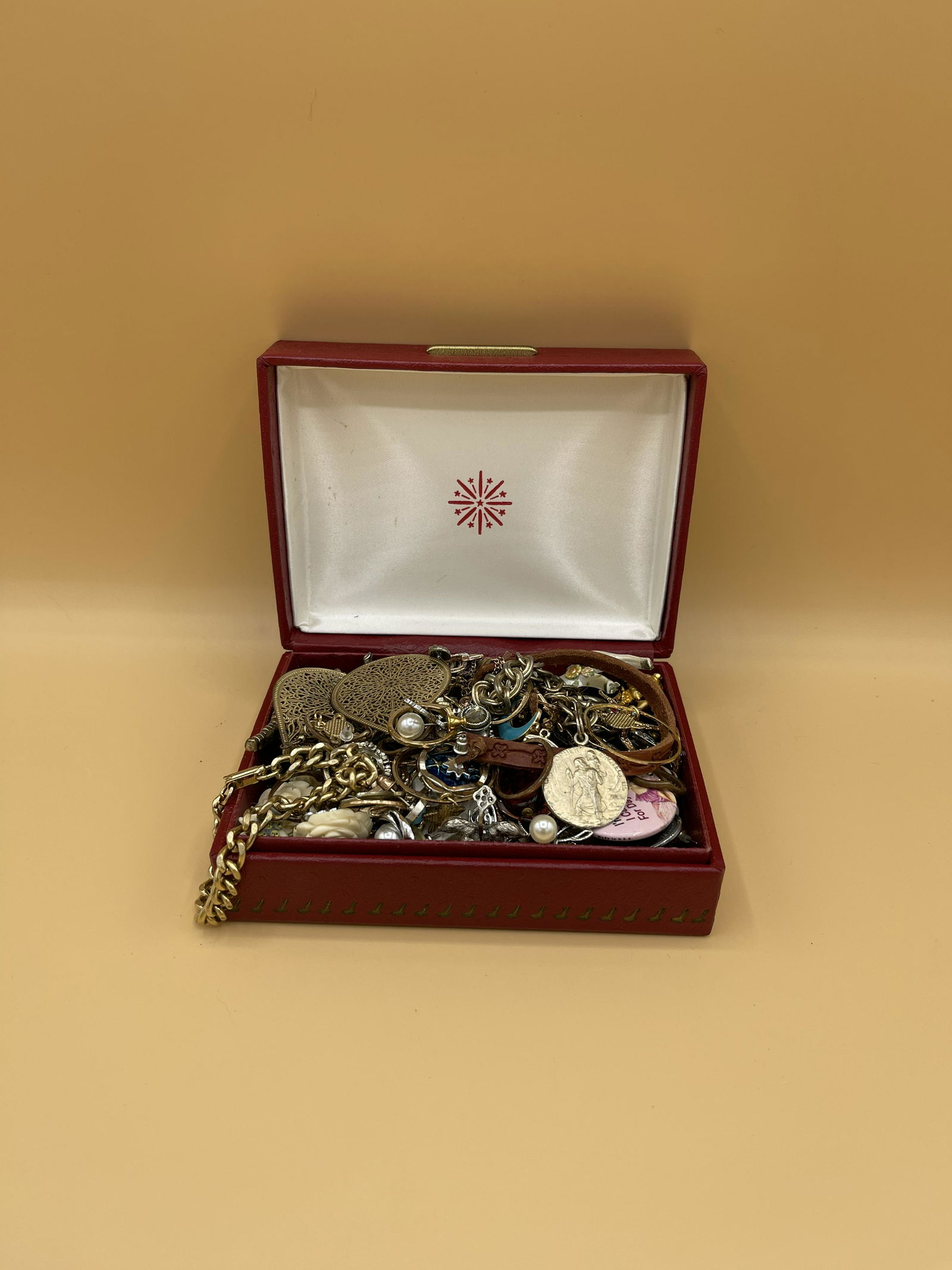 Red Leather Filled Antique Jewelry Box (1 of 4)