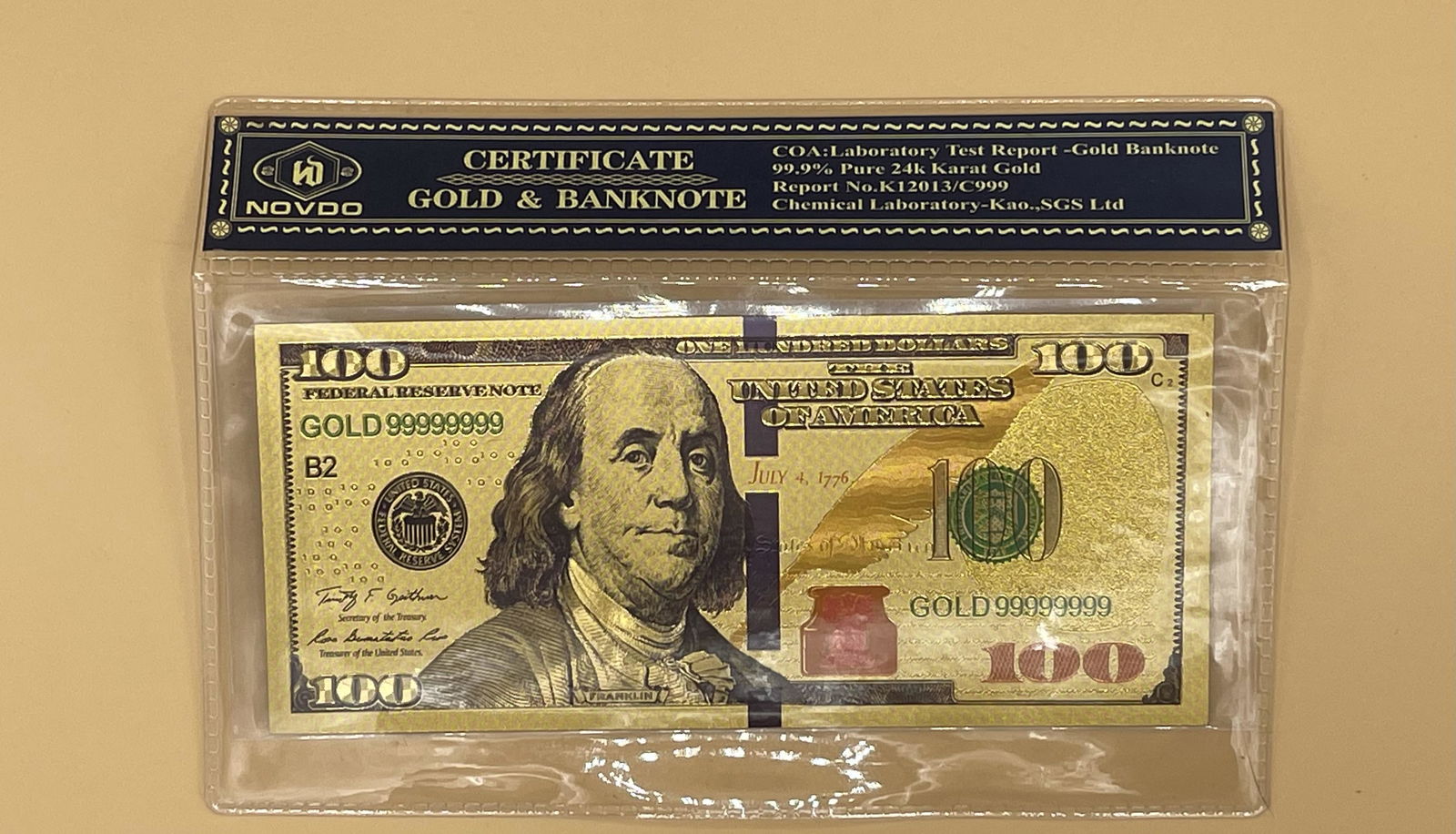 5 Grams 99.99% Pure 24K Gold $100 Banknote (1 of 2)