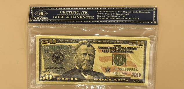 5 Grams Pure 24K Gold $50 Banknote: Newly Designed 24K 99.99% Purity Gold Foil $50 USA Dollar Bill/Banknote - (Not Legal Tender) Collector's Piece