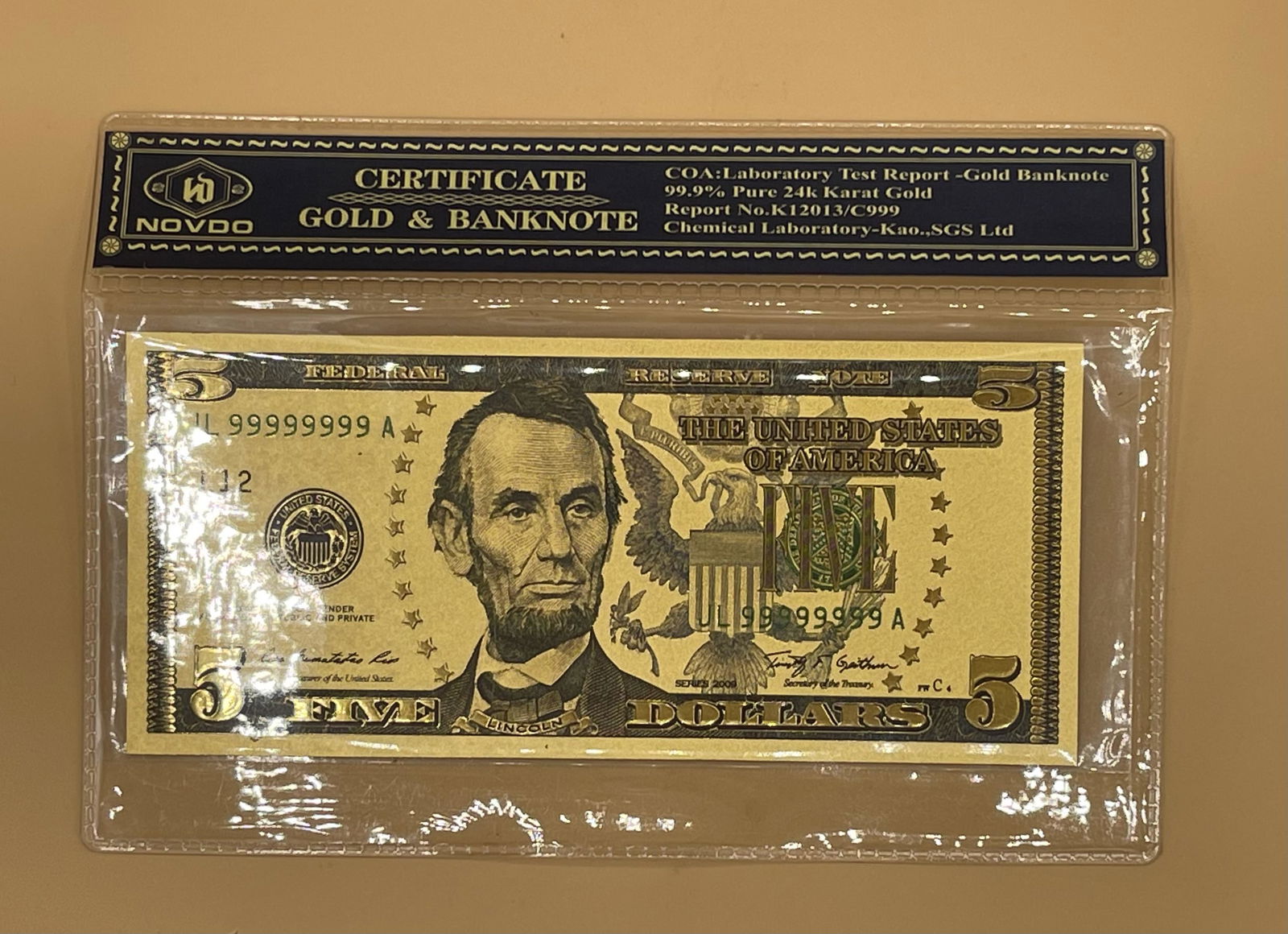 5 Grams 99.99% Pure 24K Gold $5 Banknote (1 of 2)