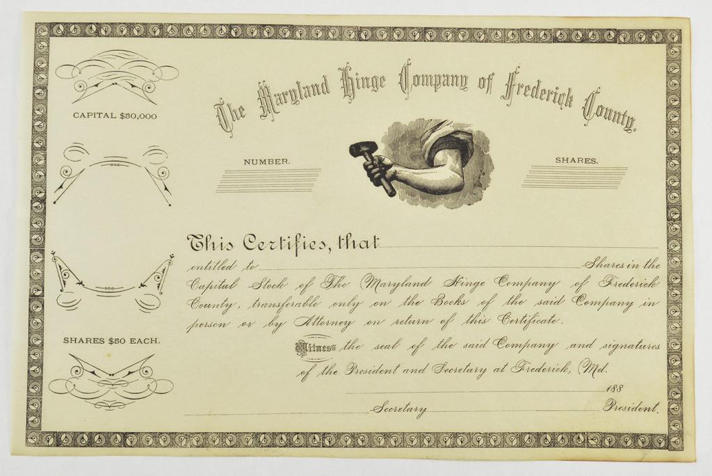 1800s $50 Share Maryland Hinge Company Of Maryland (1 of 2)
