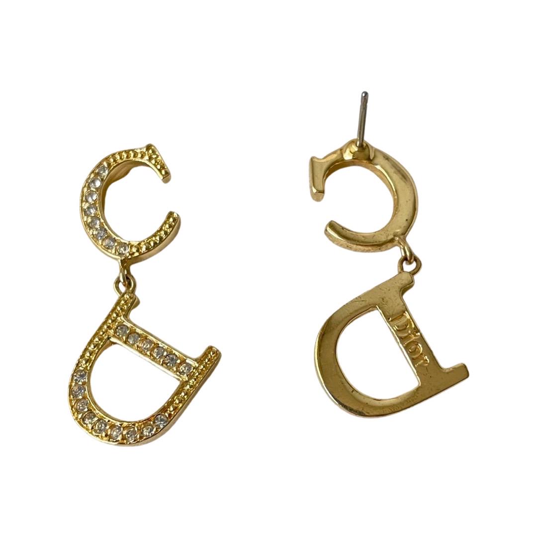 Christian Dior Oblique Drop Letter Gold Earrings (1 of 1)