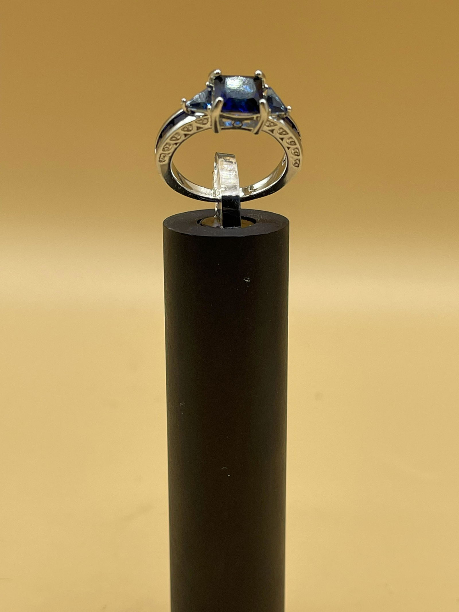 Blue Sapphire 3 Stone 925 Emerald Cut Ring (1 of 4)