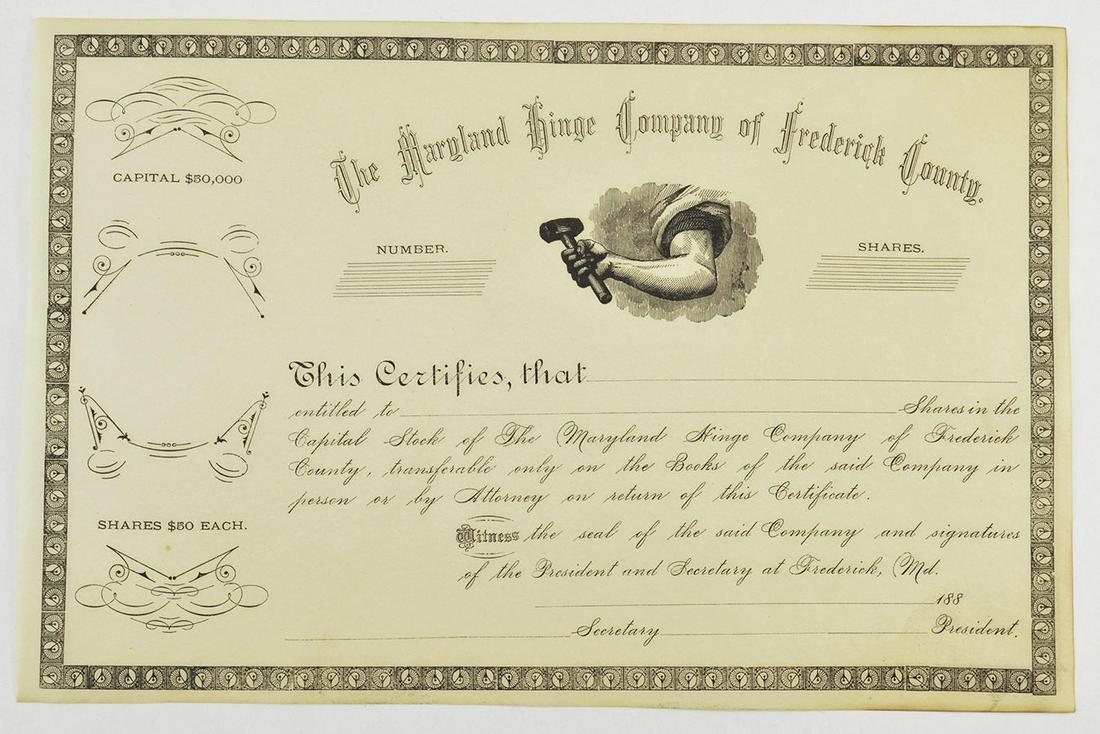 1800s $50 Share Maryland Hinge Company Of Maryland (1 of 2)