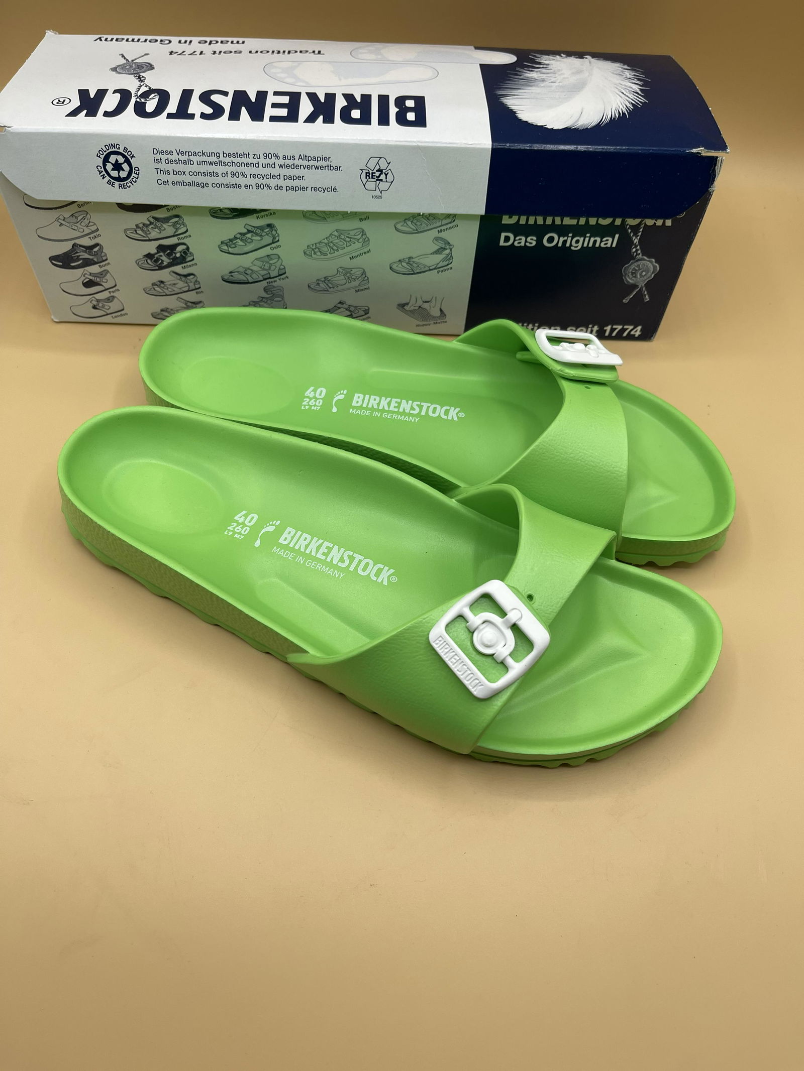 BIRKENSTOCK Original Neon Green Sandals: BIRKENSTOCK Original Neon Green Sandals, made in Germany, in their original packaging/box, size 10, vintage, never worn