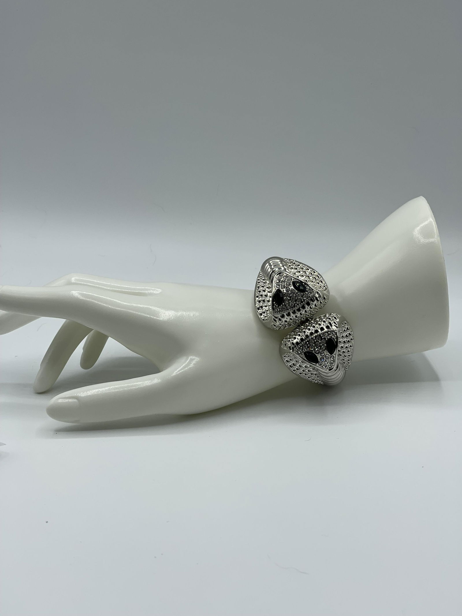 Sterling Silver Onyx & Diamond Double Snake Head Cuff (1 of 3)