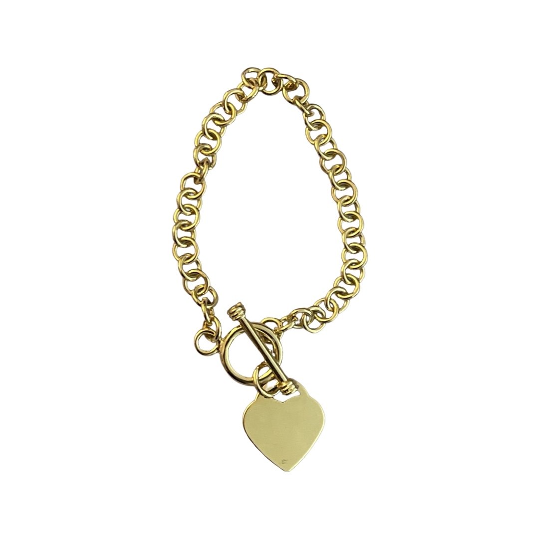 18K Yellow Gold Simple Heart Chain Tennis Bracelet: 18K Yellow Gold Simple Heart Chain Tennis Bracelet, interlocking closure, new, elegant and simple chain and pendant bracelet, measures 12" unclasped, 6" clasped, total weight: 16.21 grams.