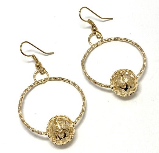 14KT Yellow Gold Diamond Ball Drop Hoop Earrings (1 of 2)