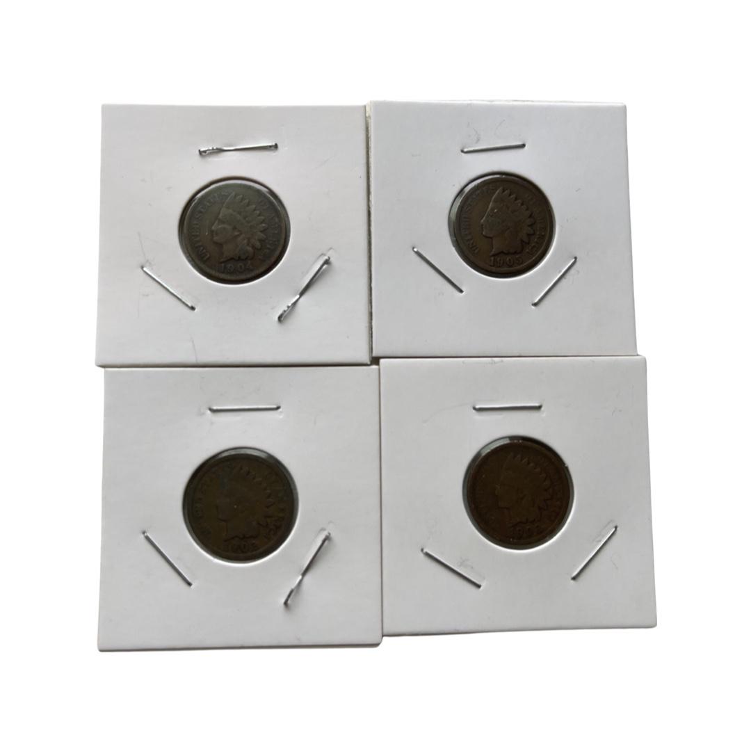 (4) Total Uncirculated Indian Head Pennies from 1902 to (1 of 3)