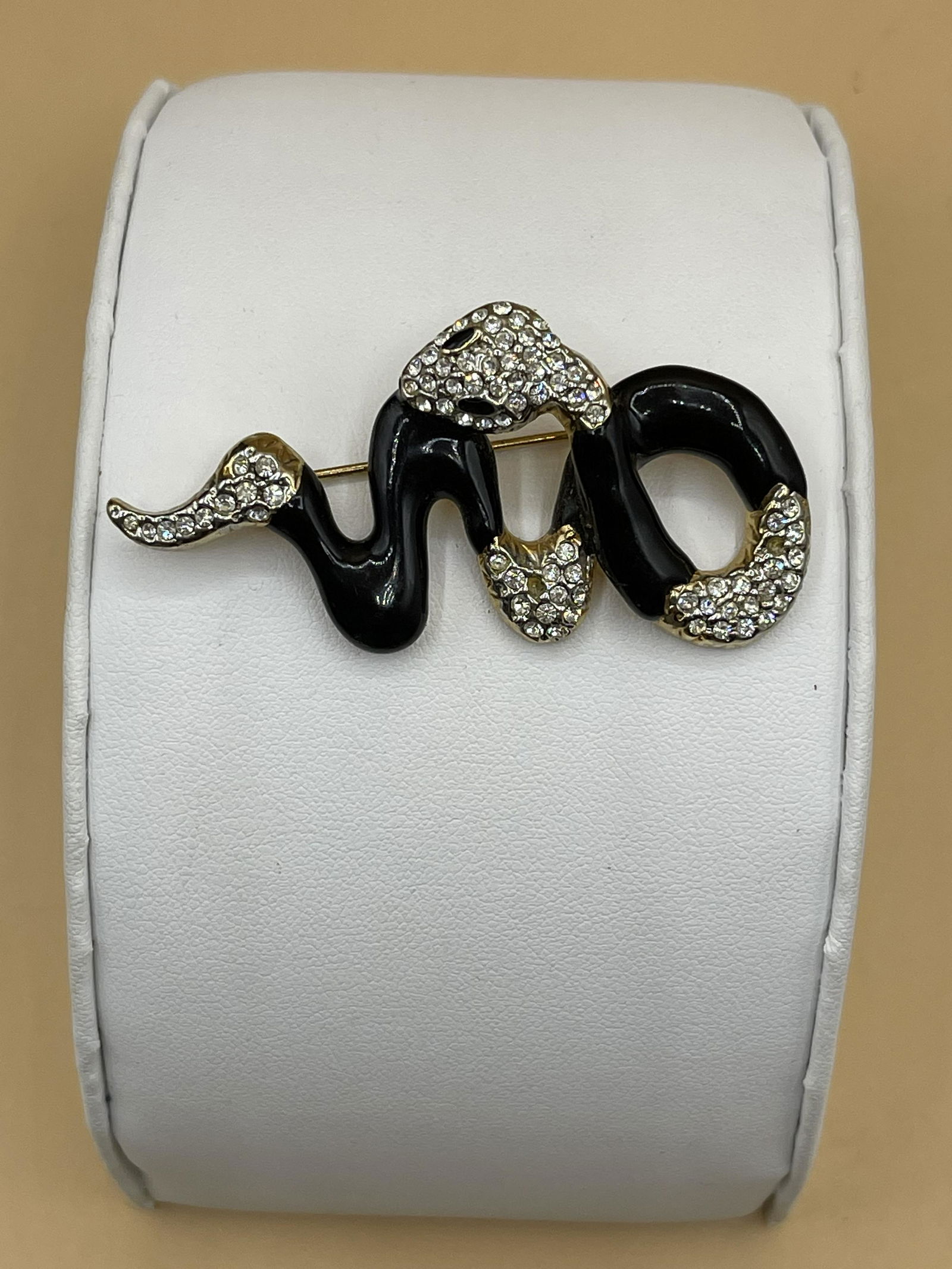 Antique Swarovski Black & Gold Enamel Snake Collector's: Antique Swarovski Black & Gold Enamel Snake Collector's JBK Replica Pin, a replica of a brooch the first lady at one time wore herself, made from stunning swarovski crystals with an enamel finish. A v