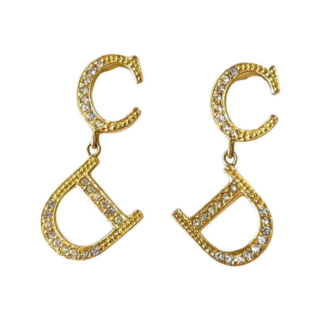 Christian Dior Oblique Drop Letter Gold Earrings (1 of 2)