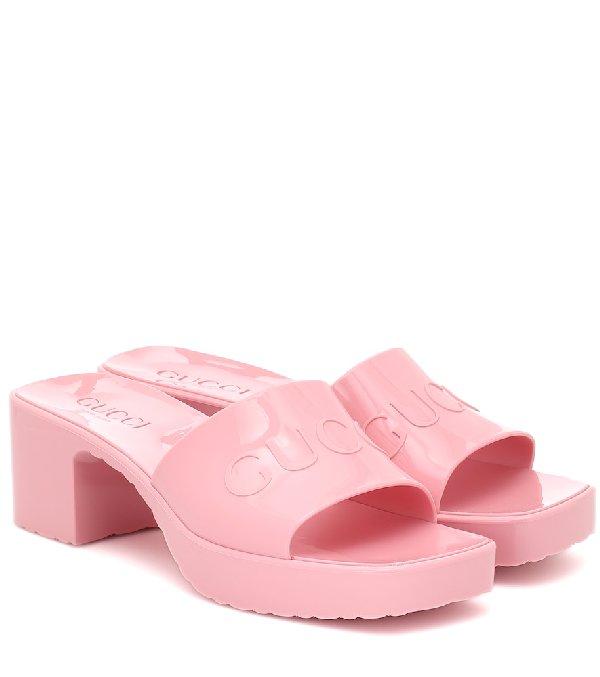 Gucci Pink Logo Rubber Slide Heels Sandals NWT (1 of 3)