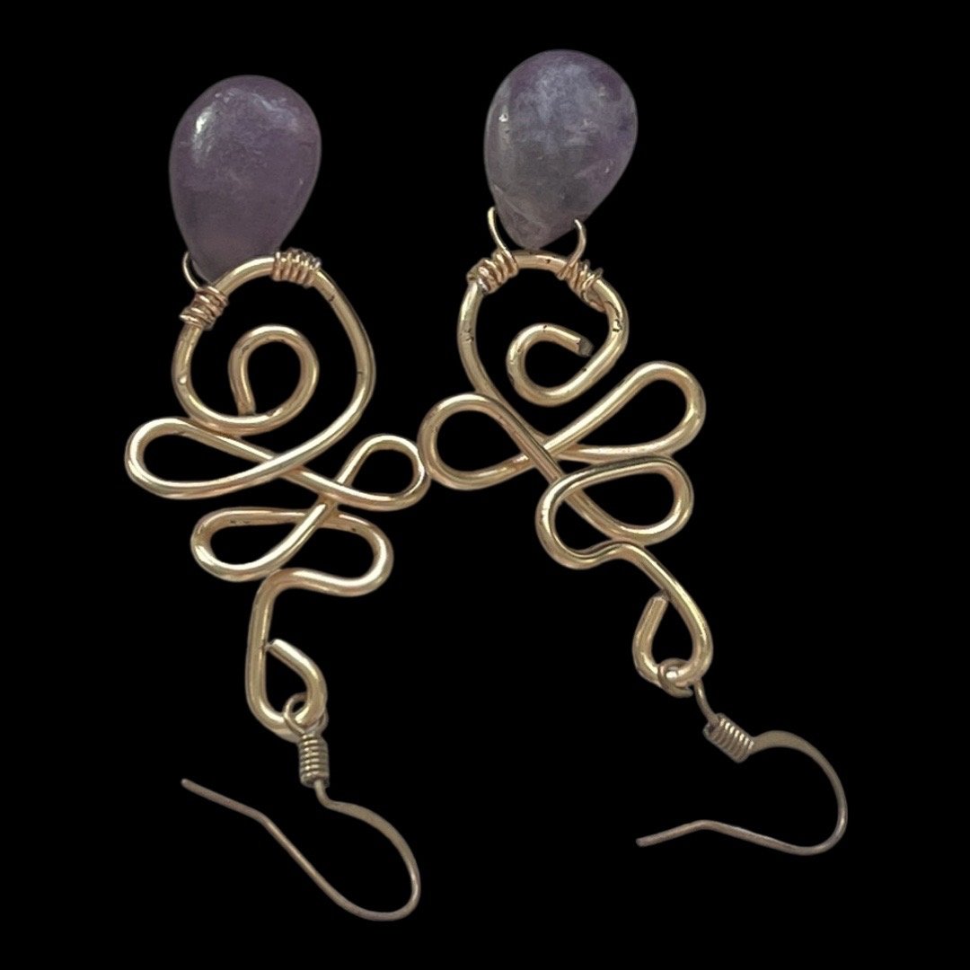 18K Yellow Gold  & Amethyst Wire Drop Earrings (1 of 3)