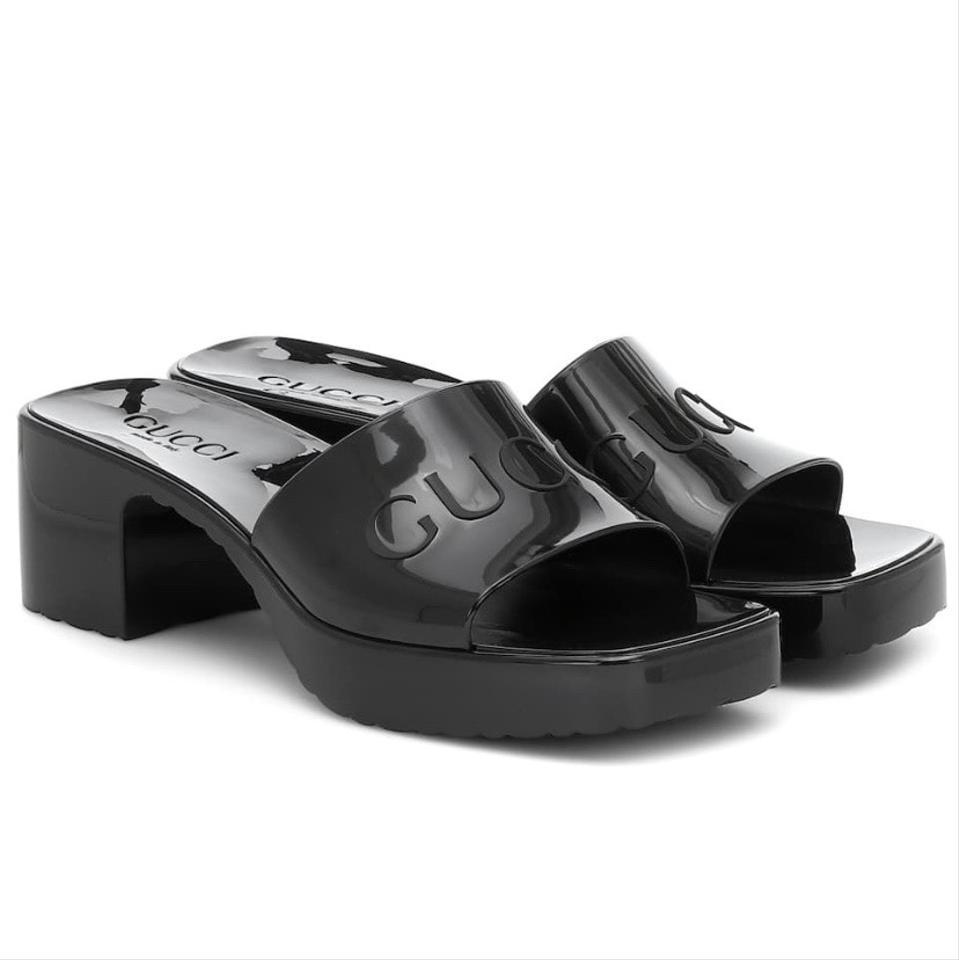 Gucci Black Logo Rubber Slide Heels Sandals NWT (1 of 4)