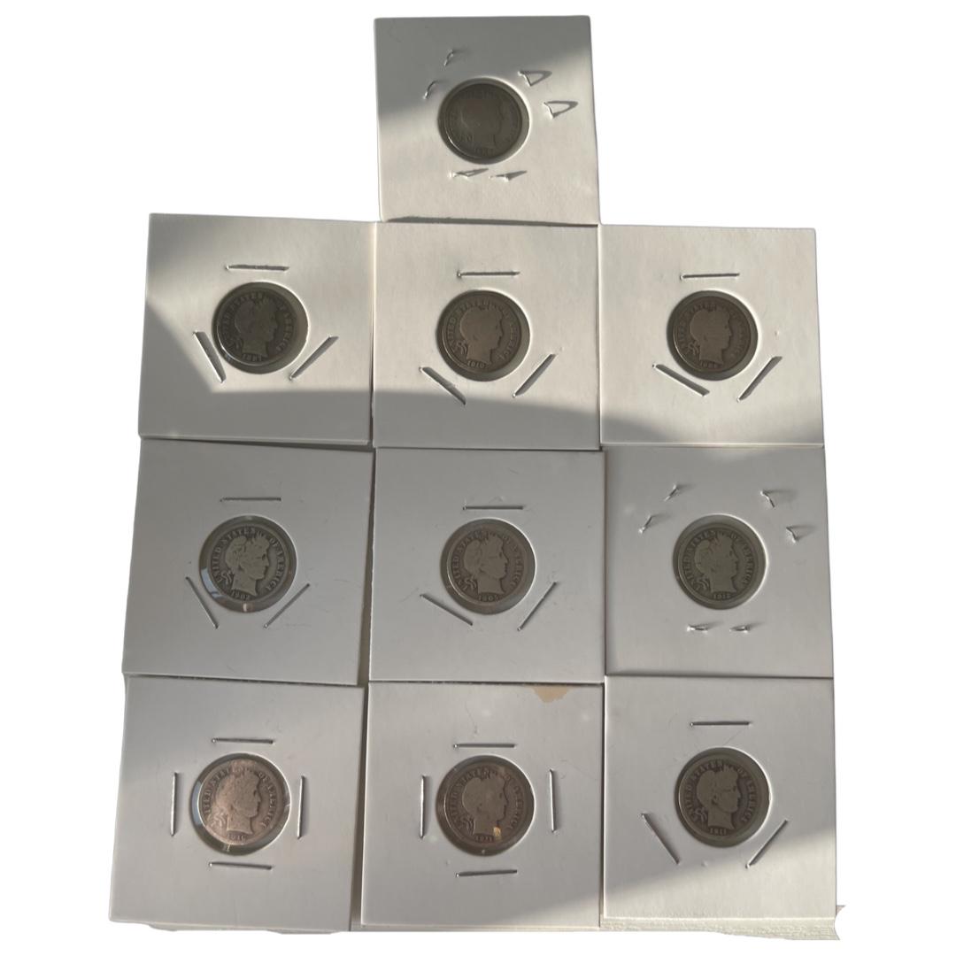 1897-1916  10 Total US Barber Dimes 90% Silver (1 of 1)