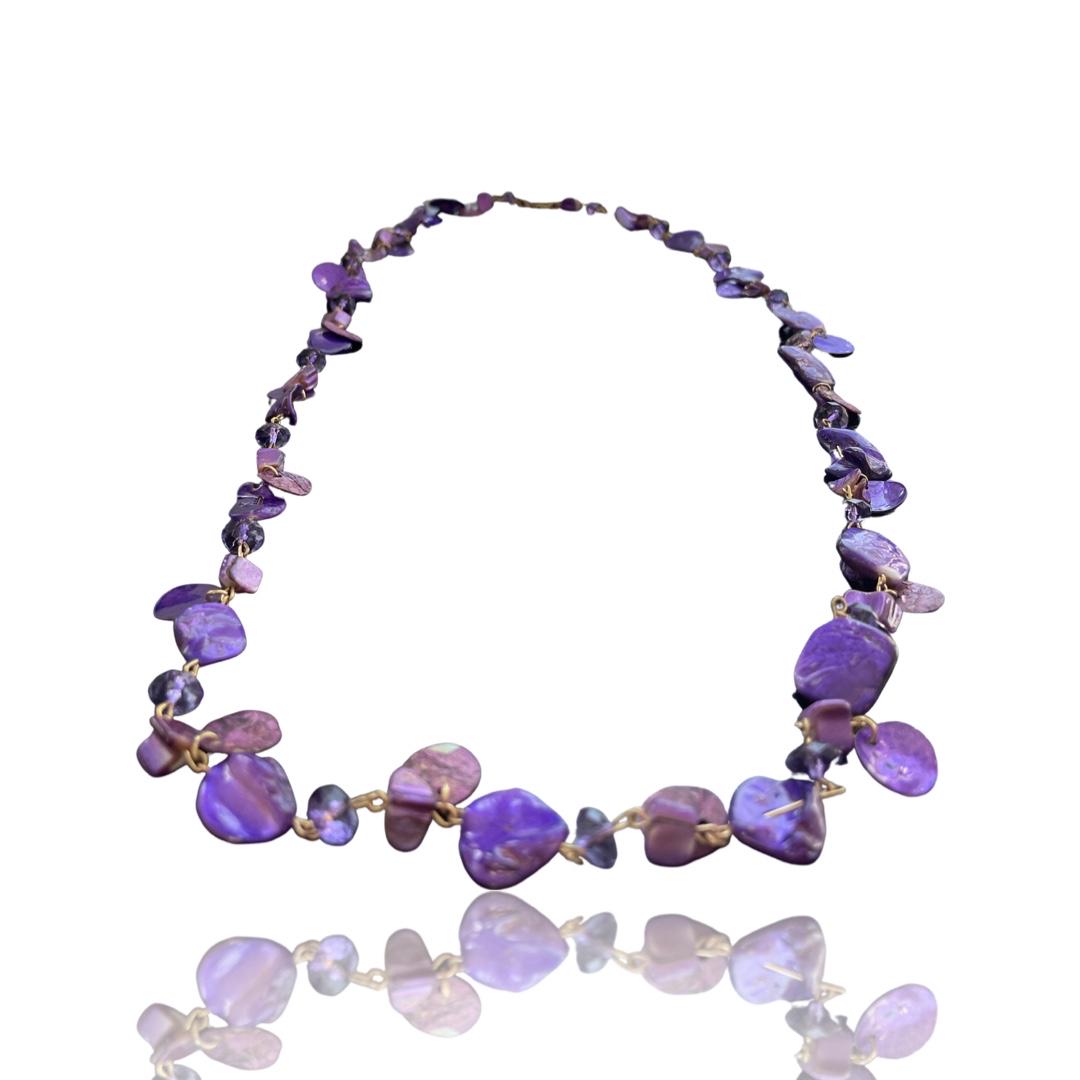 18K Handmade Purple Amethyst, Pearl, Stone and Seashell: 18K Handmade Purple Amethyst, Pearl, Stone and Seashell Necklace, one of a kind, on an 18K yellow gold chain and clasp. Tags still on. Retail value $495.00.