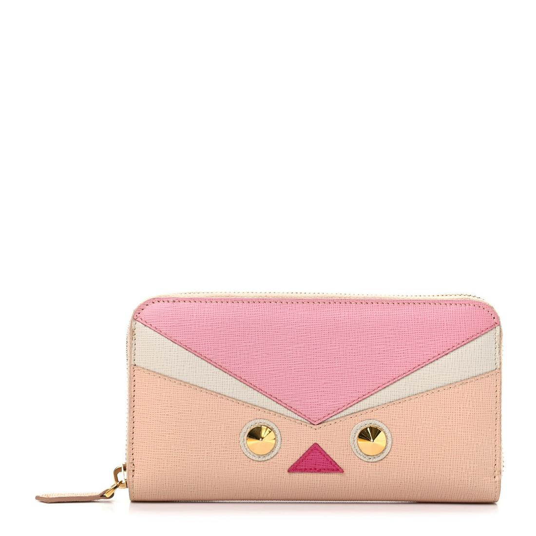 FENDI Vitello Elite QuTweet Studded Zip Around Wallet: FENDI Vitello Elite QuTweet Studded Zip Around Wallet Pink. This adorable allet is crafted of cross-grain calfskin leather in multi-colors of pinks and white. This Fendi color-block style wallet has a