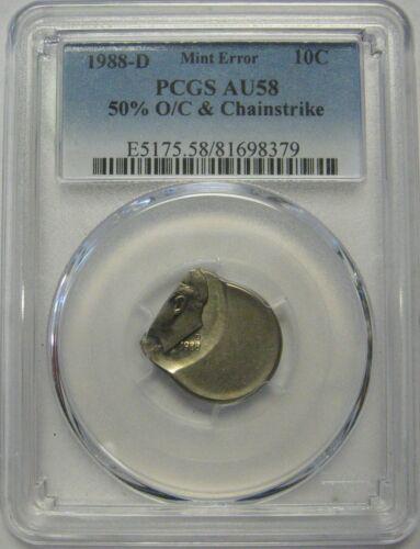 Authentic 1988-D Roosevelt Dime Error PCGS AU58 50% Off: This item qualifies for FREE DOMESTIC SHIPPING to customers in the USA Certification: Pcgs Year: 1988 Coin: Roosevelt Dime Grade: Au 58 Modified Item: No Strike Type: Business Mint Location: Denver Co