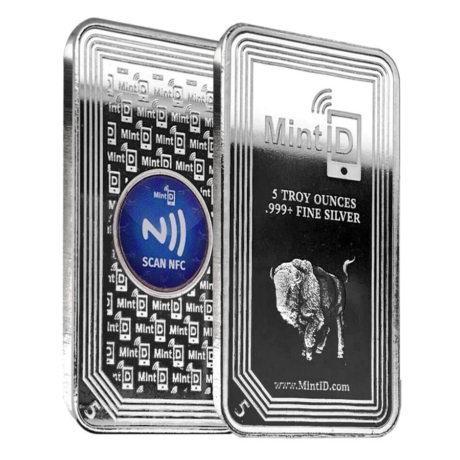 5 oz MintID Buffalo Silver Bar .999+ Fine (NFC Scan: This item qualifies for FREE DOMESTIC SHIPPING to customers in the USA You are bidding on the total lot which includes 1 of the following item: 5 oz MintID Buffalo Silver Bar .999+ Fine (NFC Scan Auth