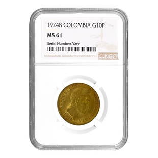 1924 B Colombia 10 Pesos Gold Coin NGC MS 61: This item qualifies for FREE DOMESTIC SHIPPING to customers in the USA You are bidding on the total lot which includes 1 of the following item: 1924 B Colombia 10 Pesos Gold Coin NGC MS 61 